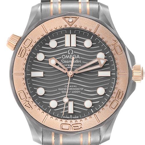 The image shows a frontal view of the Omega Seamaster 210.60.42.20.99.001 Men's Steel and Gold (two tone) Grey Dial 210.60.42.20.99.001 Men's Steel and Gold (two tone) Grey Dial watch, highlighting the dial, bezel, and part of the bracelet.