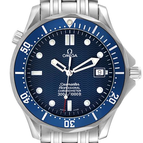 A front view of the Omega Seamaster 2531.80.00 Men's Stainless Steel Blue Dial 2531.80.00 Men's Stainless Steel Blue Dial watch shows the face, bezel, hands, date window, and part of the bracelet.
