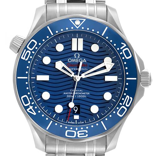 This image shows a front view of the Omega Seamaster 210.30.42.20.03.001 Men's Stainless Steel Blue Dial 210.30.42.20.03.001 Men's Stainless Steel Blue Dial watch, highlighting the blue dial, bezel, and stainless steel bracelet.
