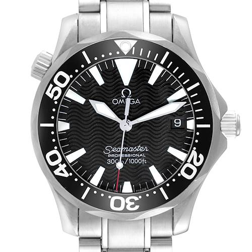 This image shows a front view of the Omega Seamaster 2262.50.00 Men's Stainless Steel Black Dial 2262.50.00 Men's Stainless Steel Black Dial watch, featuring its dial, bezel, hands, and stainless steel bracelet.