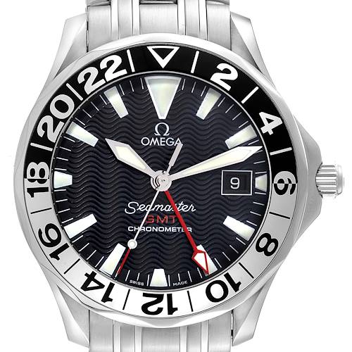 This image shows a front view of the Omega Seamaster 2534.50.00 Men's Stainless Steel Black Dial 2534.50.00 Men's Stainless Steel Black Dial GMT Chronometer watch, including its dial, bezel, hands, and part of the bracelet.