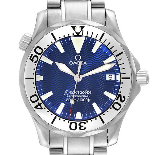 The image shows a frontal view of the Omega Seamaster 2263.80.00 Men's Stainless Steel Blue Dial 2263.80.00 Men's Stainless Steel Blue Dial watch highlighting its blue dial, bezel, crown, and part of the bracelet.