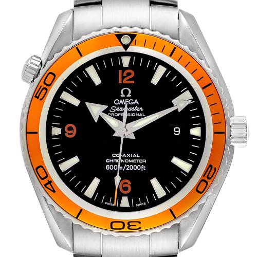 The Omega Planet Ocean 2208.50.00 Men's Stainless Steel Black Dial 2208.50.00 Men's Stainless Steel Black Dial watch is shown from the front, highlighting the orange bezel, black dial, and stainless steel bracelet.