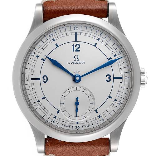 This image shows a front view of the Omega Museum 511.12.39.21.99.002 Men's Stainless Steel Grey Dial 511.12.39.21.99.002 Men's Stainless Steel Grey Dial model watch, including its face, brown leather strap, and blue hands.