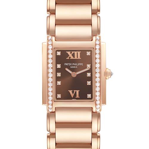 The Patek Philippe Twenty-4 4910R Women's Rose Gold Brown Dial 4910R Women's Rose Gold Brown Dial watch is shown from a top-down view, highlighting the rectangular face, diamond-set bezel, and bracelet.