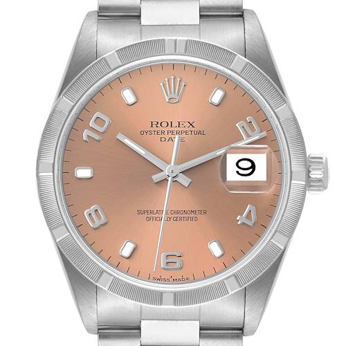 The image shows the front view of a Rolex Oyster Perpetual Date watch, highlighting the dial, hands, bezel, and crown.