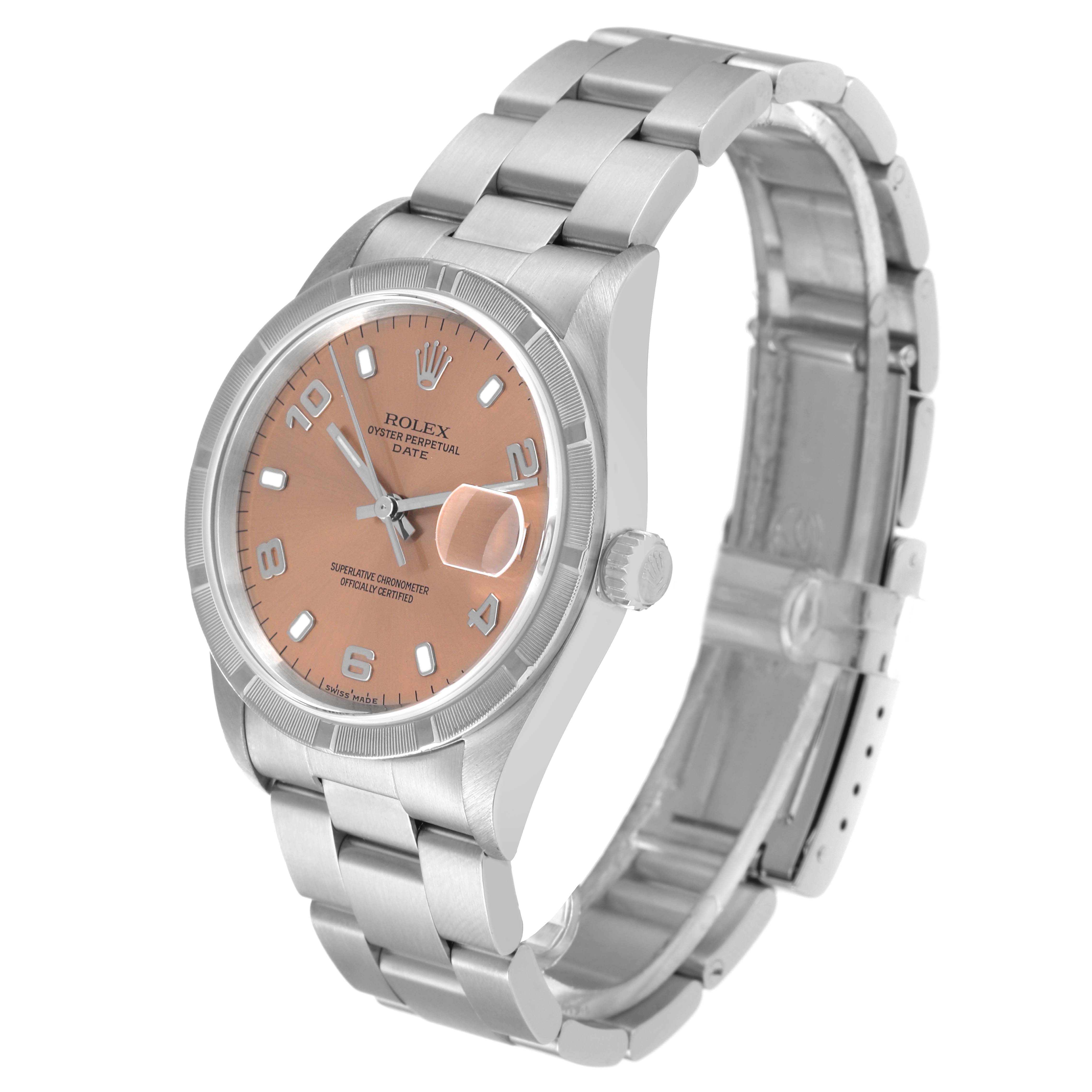 The Rolex Date 15210 Men's Stainless Steel Pink Dial 15210 Men's Stainless Steel Pink Dial watch is shown at a slight left angle, displaying the face, crown, and bracelet.