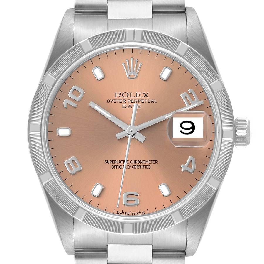 The image shows a Rolex Date 15210 Men's Stainless Steel Pink Dial 15210 Men's Stainless Steel Pink Dial model watch from a front angle, highlighting the dial, case, and crown.