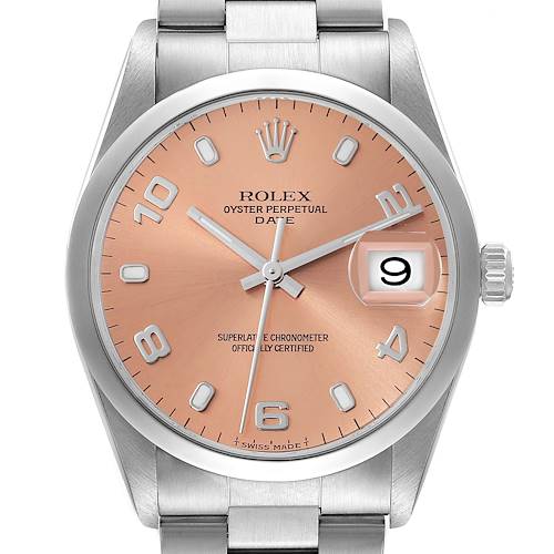 This image shows a front view of a Rolex Date 15200 Men's Stainless Steel Pink Dial 15200 Men's Stainless Steel Pink Dial model watch, displaying the face, dial, date window, and part of the stainless steel bracelet.