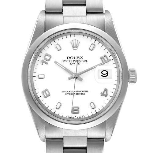 This image shows a front view of the Rolex Date 15200 Men's Stainless Steel White Dial 15200 Men's Stainless Steel White Dial model watch, featuring the dial, hour markers, hands, date window, and part of the bracelet.