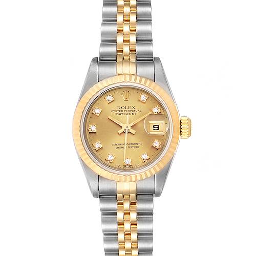 This image shows a Rolex Datejust 69173 Women's Stainless Steel Champagne Dial 69173 Women's Stainless Steel Champagne Dial watch from the front, highlighting the dial, bezel, and two-tone bracelet.