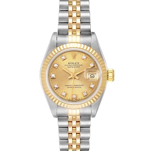 The image shows a Rolex Datejust 69173 Women's Steel and Gold (two tone) Champagne Dial 69173 Women's Steel and Gold (two tone) Champagne Dial watch from a front angle, featuring a gold and silver bracelet and a gold dial with diamond markers.