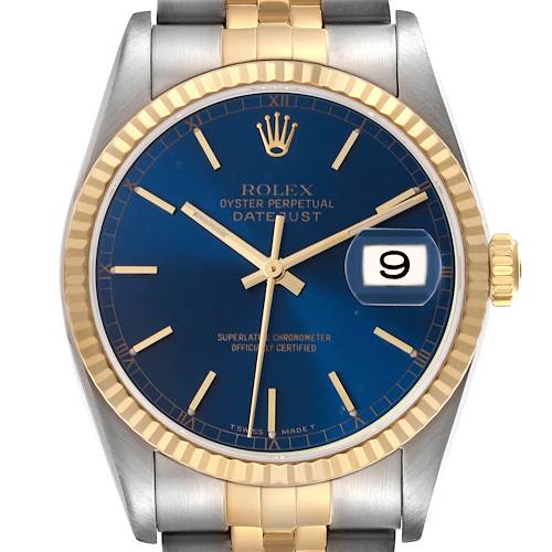The Rolex Datejust 16233 Men's Steel and Gold (two tone) Blue Dial 16233 Men's Steel and Gold (two tone) Blue Dial watch is shown from the front, highlighting the blue dial, gold fluted bezel, and two-tone bracelet.