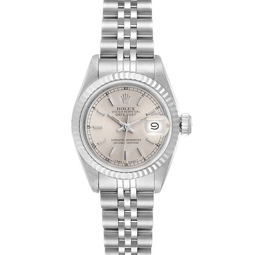 This Rolex Datejust 69174 Women's Stainless Steel Silver Dial 69174 Women's Stainless Steel Silver Dial watch is shown from a front angle, highlighting its face, fluted bezel, bracelet, and date window.
