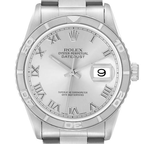 The Rolex Turn-o-Graph 16264 Men's Stainless Steel Silver Dial 16264 Men's Stainless Steel Silver Dial watch is shown from the front, displaying the dial, bezel, date window, and part of the bracelet.