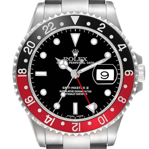 The Rolex GMT-Master 16710 Men's Stainless Steel Black Dial 16710 Men's Stainless Steel Black Dial II watch is shown from a top-down angle, highlighting the bezel, face, and bracelet.