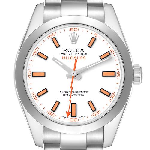The Rolex Milgauss 116400 Men's Stainless Steel White Dial 116400 Men's Stainless Steel White Dial watch is shown from a front angle, displaying the dial face, case, crown, and part of the bracelet.