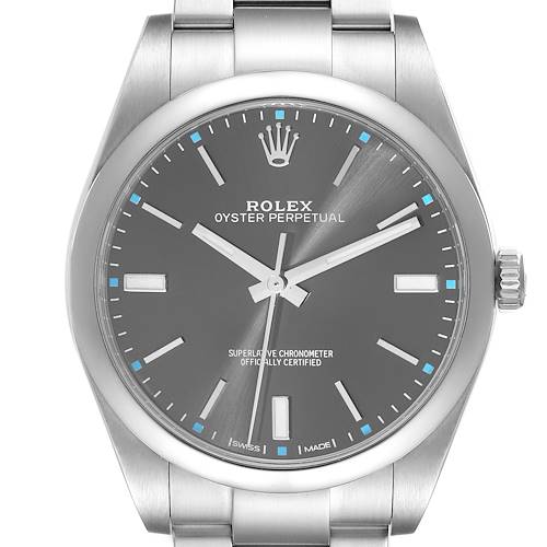 This image shows a front view of the Rolex Oyster Perpetual 114300 Men's Stainless Steel Grey Dial 114300 Men's Stainless Steel Grey Dial watch, highlighting the dial, hands, crown, and bracelet.