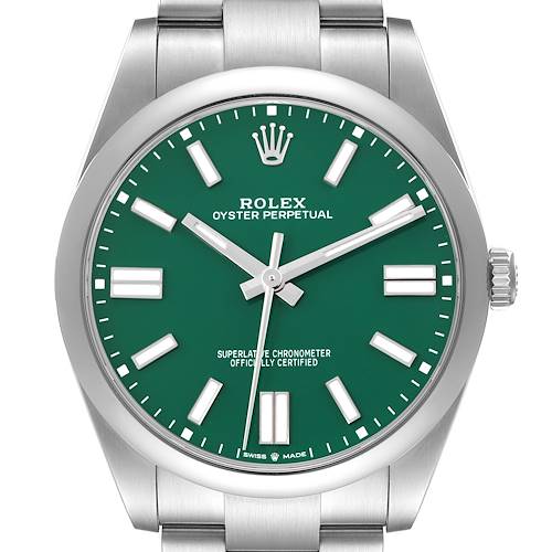 The Rolex Oyster Perpetual 124300 Men's Stainless Steel Green Dial 124300 Men's Stainless Steel Green Dial watch is shown from a front view, highlighting its green dial, indices, and crown.