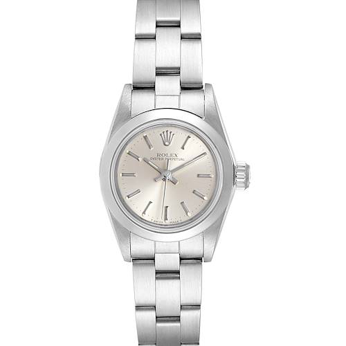 The Rolex Oyster Perpetual 67180 Women's Stainless Steel Silver Dial 67180 Women's Stainless Steel Silver Dial watch is shown from a front angle, displaying its face, bezel, and bracelet.