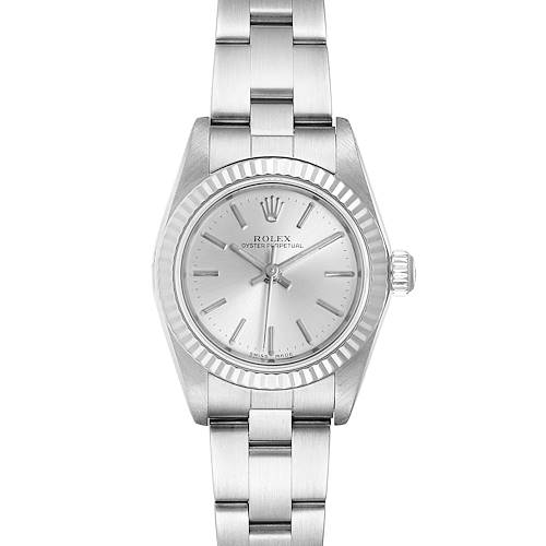 This image shows a frontal view of a Rolex Oyster Perpetual 76094 Women's Stainless Steel Silver Dial 76094 Women's Stainless Steel Silver Dial watch, displaying the face, case, and bracelet.