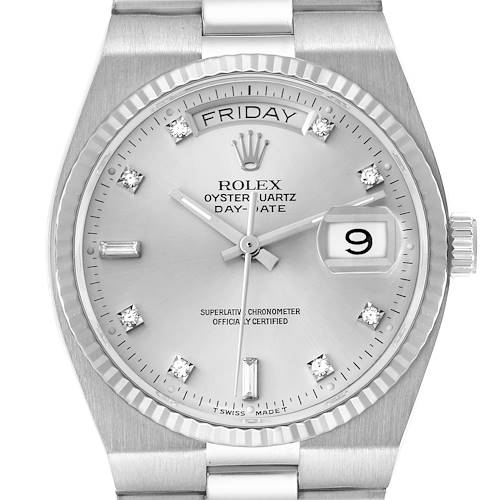 The Rolex Oysterquartz 19091 Men's White Gold Silver Dial 19091 Men's White Gold Silver Dial watch is shown from the front, displaying the dial, hands, date window, and part of the bracelet.