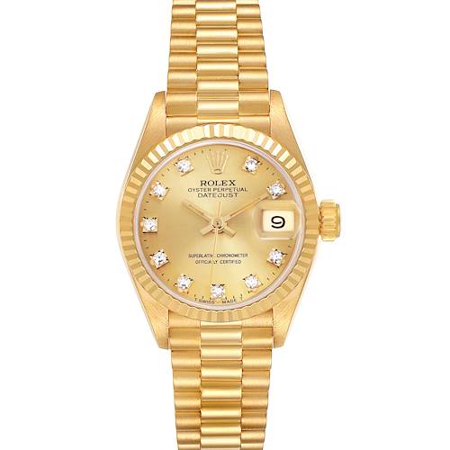 The Rolex President 69178 Women's Yellow Gold Champagne Dial 69178 Women's Yellow Gold Champagne Dial model watch is shown from the front, highlighting the gold dial, diamond markers, fluted bezel, and the President bracelet.