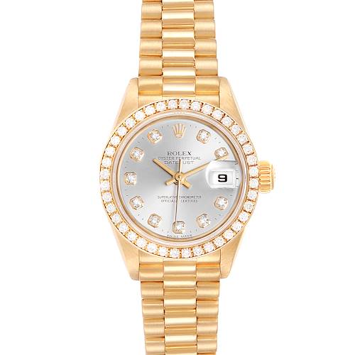 This is a Rolex President 79138 Women's Yellow Gold Silver Dial 79138 Women's Yellow Gold Silver Dial model watch shown from the front, displaying the face, bezel, case, and bracelet.