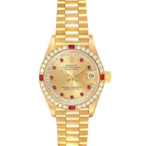 The Rolex President 69068 Women's Yellow Gold Champagne Dial 69068 Women's Yellow Gold Champagne Dial model is shown from the front, featuring a gold bracelet, diamond bezel, and date display.