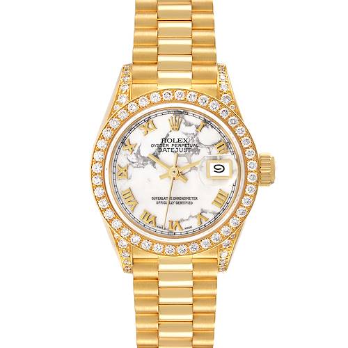 The Rolex President 69158 Women's Yellow Gold White Dial 69158 Women's Yellow Gold White Dial model watch is shown from the front, displaying its dial, bezel, bracelet, crown, and date window.