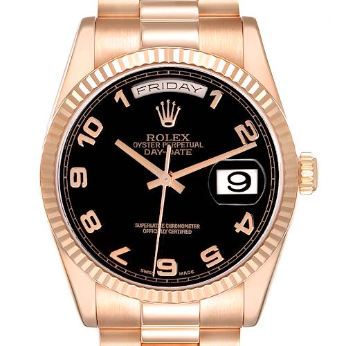 The Rolex President 118235 Men's Rose Gold Black Dial 118235 Men's Rose Gold Black Dial model watch is shown from the front, displaying the dial, bezel, day-date window, and part of the bracelet.