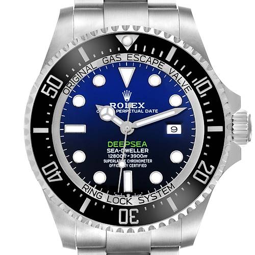 The Rolex Sea-Dweller 126660 Men's Stainless Steel Blue Dial 126660 Men's Stainless Steel Blue Dial watch is shown from the front, displaying the dial, bezel, and part of the bracelet.