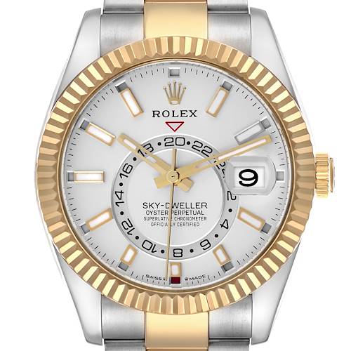 The Rolex Sky-Dweller 336933 Men's Steel and Gold (two tone) Silver Dial 336933 Men's Steel and Gold (two tone) Silver Dial watch is shown from a front view, featuring its face, bezel, and part of the bracelet.