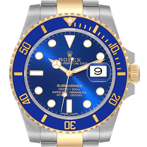 The image shows a front view of a Rolex Submariner 116613 Men's Steel and Gold (two tone) Blue Dial 116613 Men's Steel and Gold (two tone) Blue Dial watch, highlighting its blue dial, gold details, and metal bracelet.