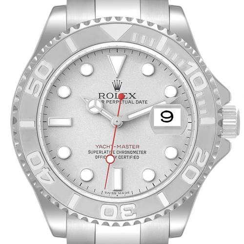 The image shows a front view of the Rolex Yacht-Master 16622 Men's Stainless Steel Silver Dial 16622 Men's Stainless Steel Silver Dial watch displaying the dial, bezel, and crown.