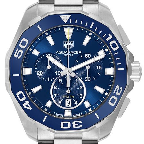 The image shows a frontal view of the Tag Heuer Aquaracer CAY111B.BA0927 Men's Stainless Steel Blue Dial CAY111B.BA0927 Men's Stainless Steel Blue Dial watch, highlighting its blue dial, bezel, and chronograph subdials.