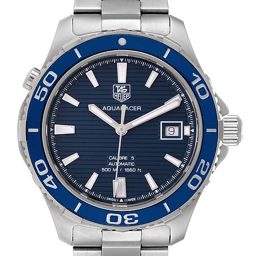 This image shows a front view of a Tag Heuer Aquaracer WAK2111.BA0830 Men's Stainless Steel Blue Dial WAK2111.BA0830 Men's Stainless Steel Blue Dial watch with a blue face and bezel.