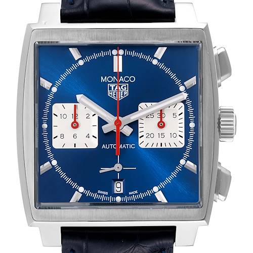 The image shows a frontal view of the Tag Heuer Monaco CBL2111.FC6453 Men's Stainless Steel Blue Dial CBL2111.FC6453 Men's Stainless Steel Blue Dial watch, highlighting its blue dial, two subdials, and crown.