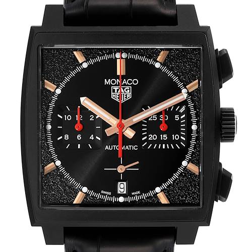 The image shows a front view of the Tag Heuer Monaco CBL2180 Men's Titanium Black Dial CBL2180 Men's Titanium Black Dial watch, highlighting its face, subdials, hands, and date window.
