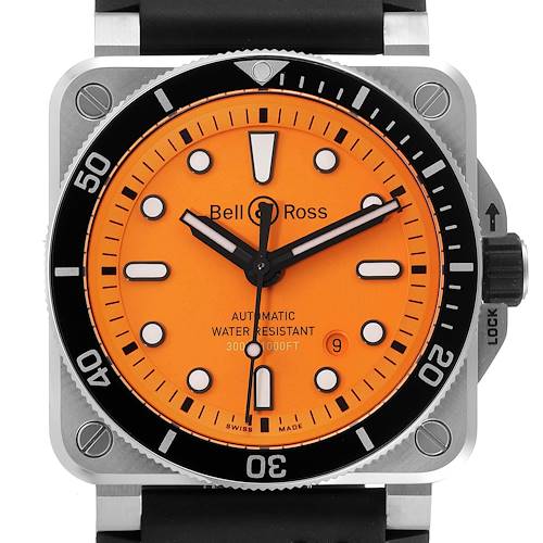 The image shows a front view of the Bell & Ross Diver model watch, highlighting its orange dial and black rotating bezel.