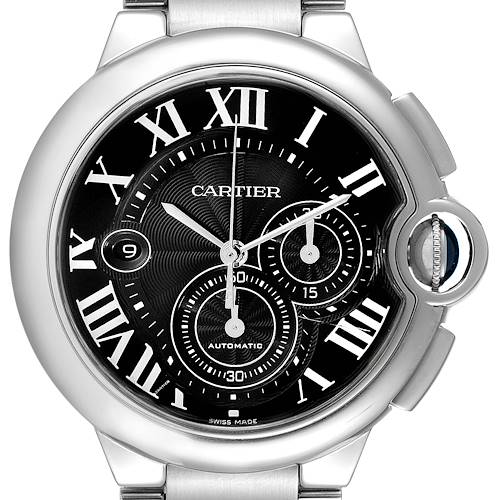 The image shows a close-up frontal view of the Cartier Ballon Bleu W6920077 Men's Stainless Steel Black Dial W6920077 Men's Stainless Steel Black Dial watch, highlighting its dial, Roman numerals, and subdials.