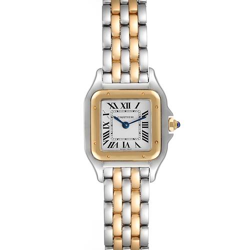 The image shows a front view of a Panthere de Cartier watch, featuring a gold and silver bracelet.