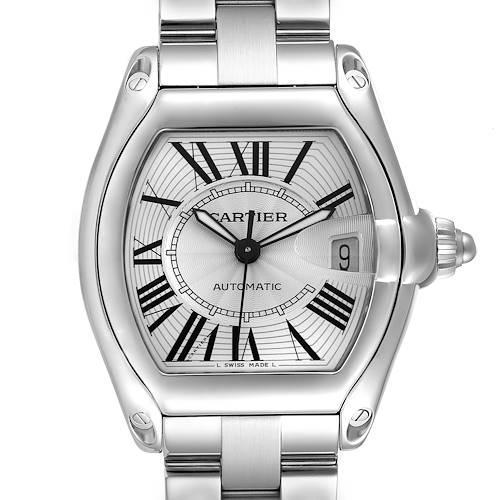 The Cartier Roadster W62025V3 Men's Stainless Steel Silver Dial W62025V3 Men's Stainless Steel Silver Dial watch is shown from a top view, highlighting the dial, case, bracelet, and crown.
