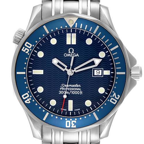 The Omega Seamaster 2541.80.00 Men's Stainless Steel Blue Dial 2541.80.00 Men's Stainless Steel Blue Dial watch is shown from a front angle, displaying the dial, bezel, hands, and part of the bracelet.