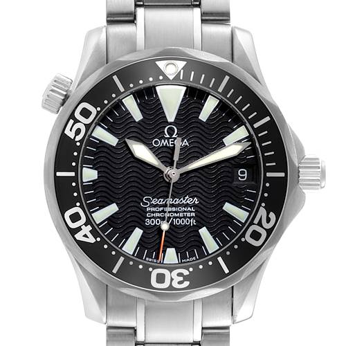 The Omega Seamaster 2252.50.00 Men's Stainless Steel Black Dial 2252.50.00 Men's Stainless Steel Black Dial watch is shown from the front, highlighting the dial, bezel, crown, and part of the bracelet.
