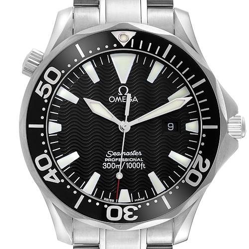 This image shows the face of the Omega Seamaster 2264.50.00 Men's Stainless Steel Black Dial 2264.50.00 Men's Stainless Steel Black Dial watch, highlighting the bezel, dial, hands, and part of the stainless steel bracelet.