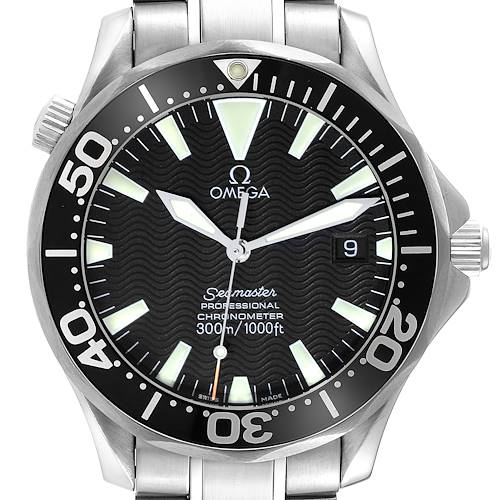 The image shows a frontal view of the Omega Seamaster 2254.50.00 Men's Stainless Steel Black Dial 2254.50.00 Men's Stainless Steel Black Dial watch, highlighting its black dial, bezel, and stainless steel casing.