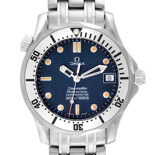The image shows the face and bezel of the Omega Seamaster 2552.80.00 Men's Stainless Steel Blue Dial 2552.80.00 Men's Stainless Steel Blue Dial Professional Chronometer watch, including the bracelet and crown.