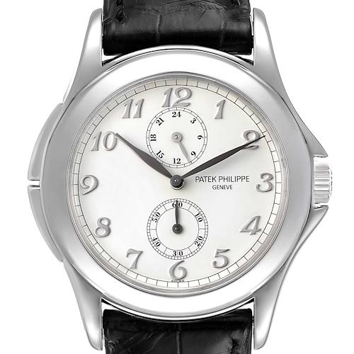 This image shows a frontal view of the Patek Philippe Calatrava 5134G Men's White Gold White Dial 5134G Men's White Gold White Dial watch, highlighting its dial, hands, and subdials.