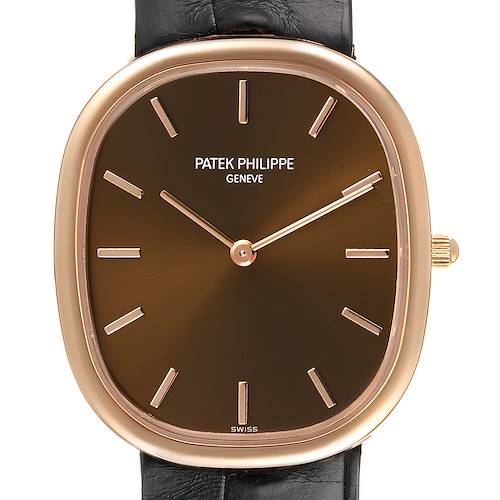 The image shows a frontal view of a Patek Philippe Golden Ellipse 3738 Men's Rose Gold Brown Dial 3738 Men's Rose Gold Brown Dial watch, displaying its dial, hands, and crown.